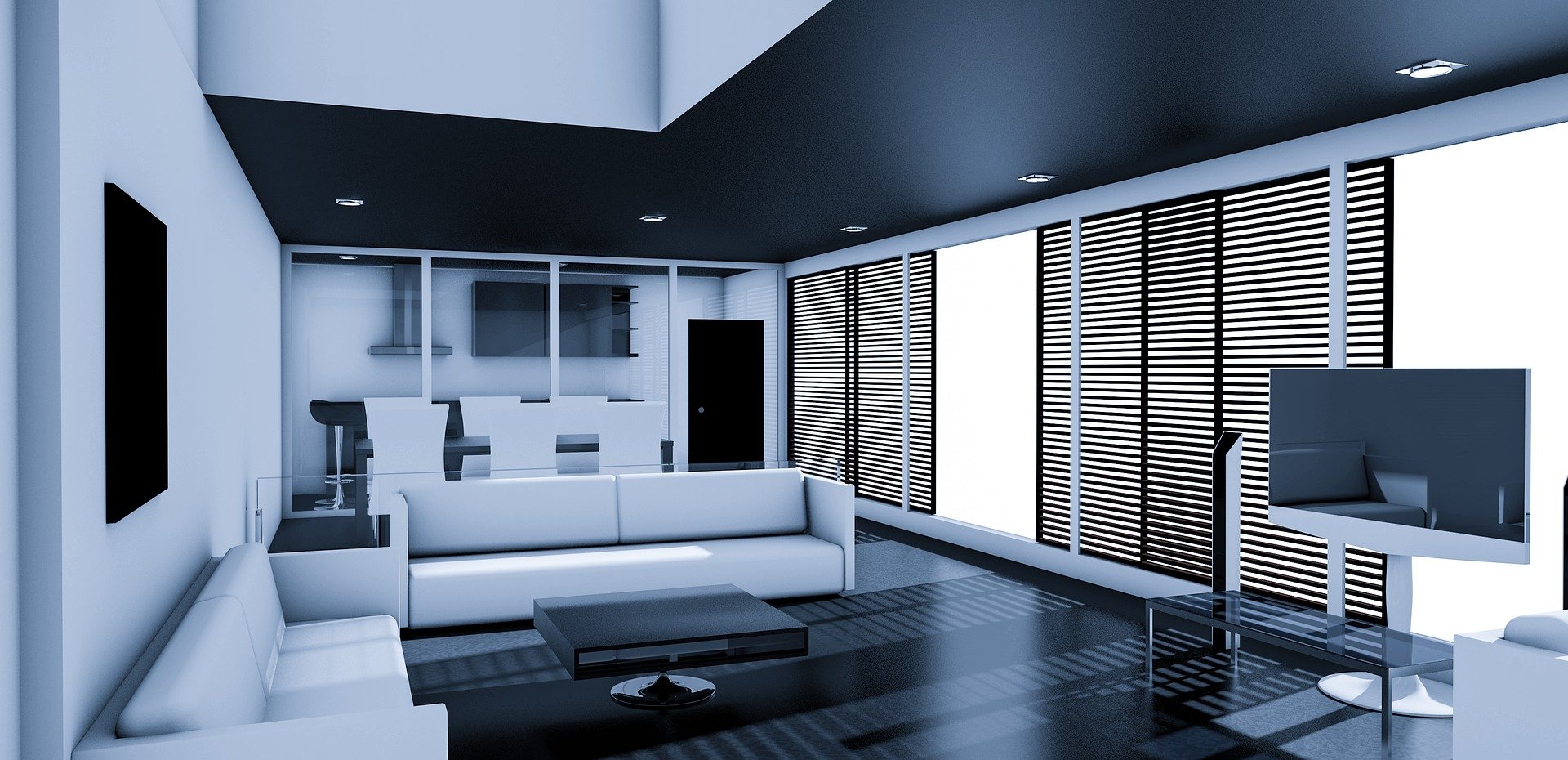 Modern eingerichtetes, lichtdurchflutetes Apartment mit großen Fenstern und minimalistischer Ausstattung.