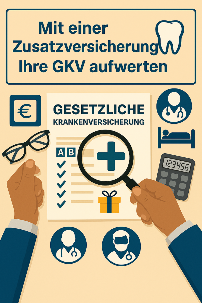 Grafik von Augusta Kapital zur Aufwertung der gesetzlichen Krankenversicherung durch Zusatzversicherungen mit Symbolen für Leistungen, Ärzte und Kosten