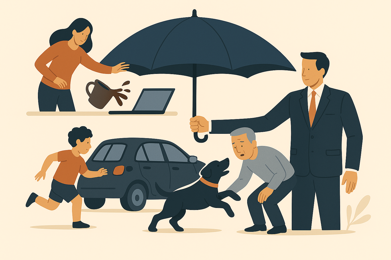 haftpflichtversicherung Augusta Kapital AI Regenschirm schützt Alltagssituationen wie Hund, Kind am Auto und verschütteten Kaffee.