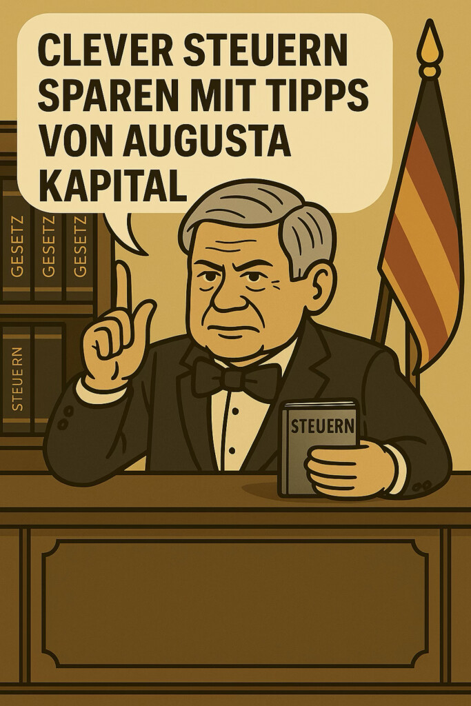 Comic-Illustration eines Mannes im Anzug mit Buch und deutscher Flagge, der auf die Sprechblase "Clever Steuern sparen mit Tipps von Augusta Kapital" zeigt.