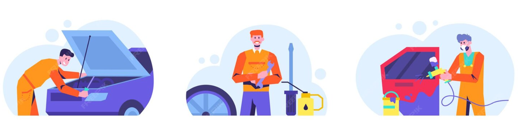 Drei Illustrationen von Mechanikern bei verschiedenen Autoreparaturen.